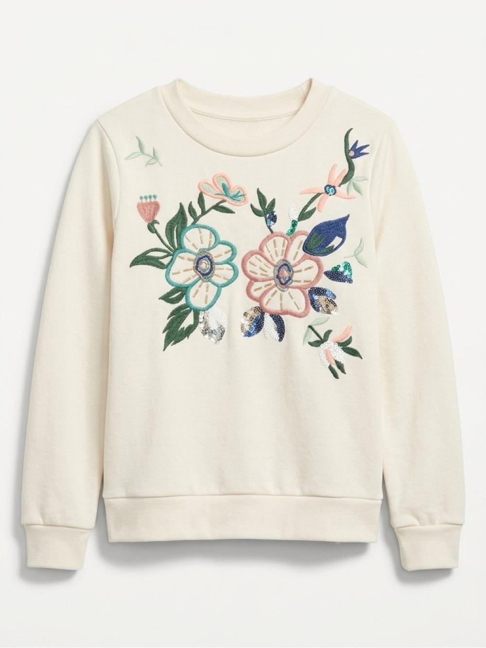 Peek Girls Floral Embroidered Sequin Sweatshirt Cream Green Pink 6/7